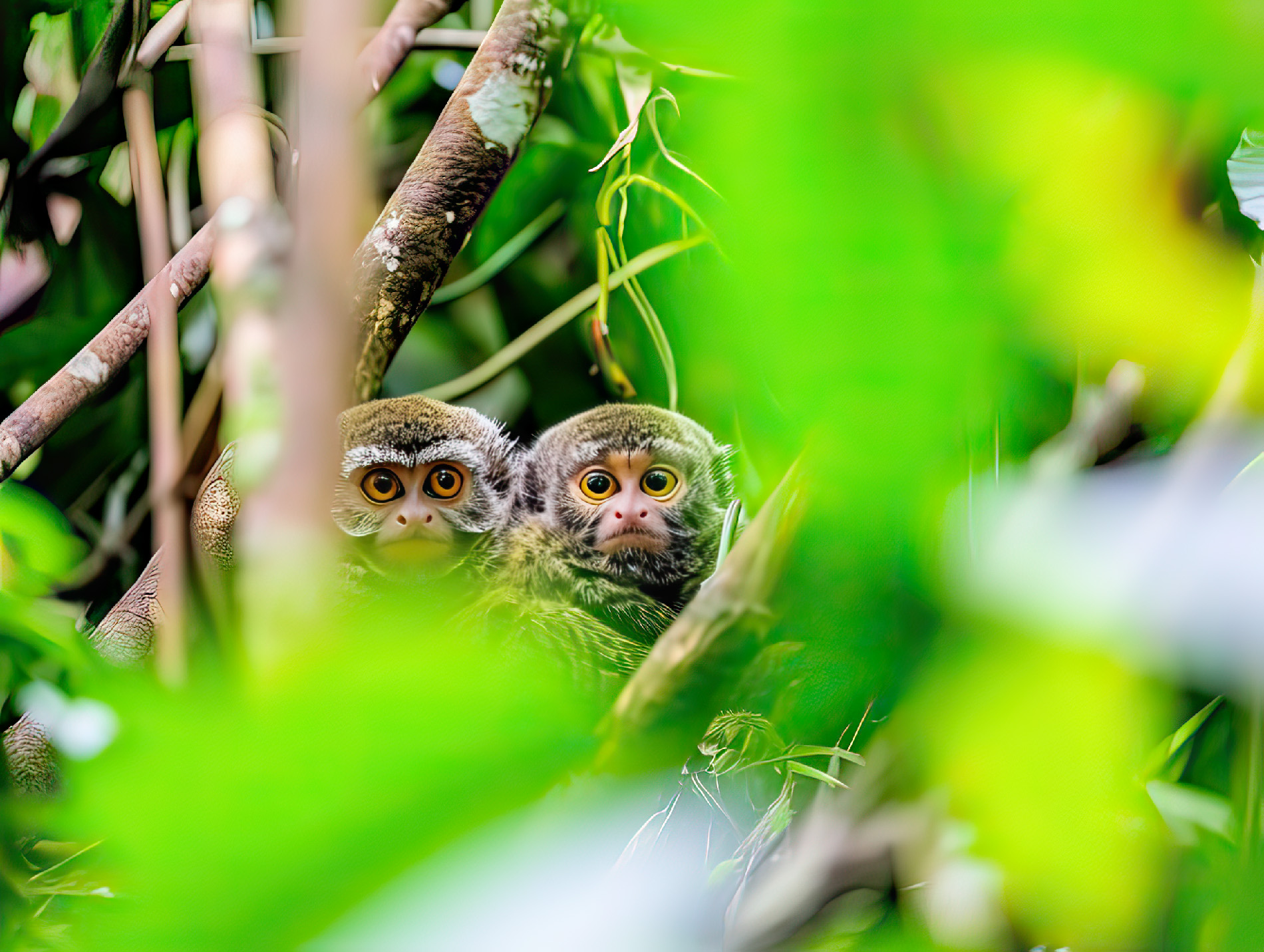 Pygmäenmarmosetten schauen durch die Blätter im Urwald (Foto: Mid).